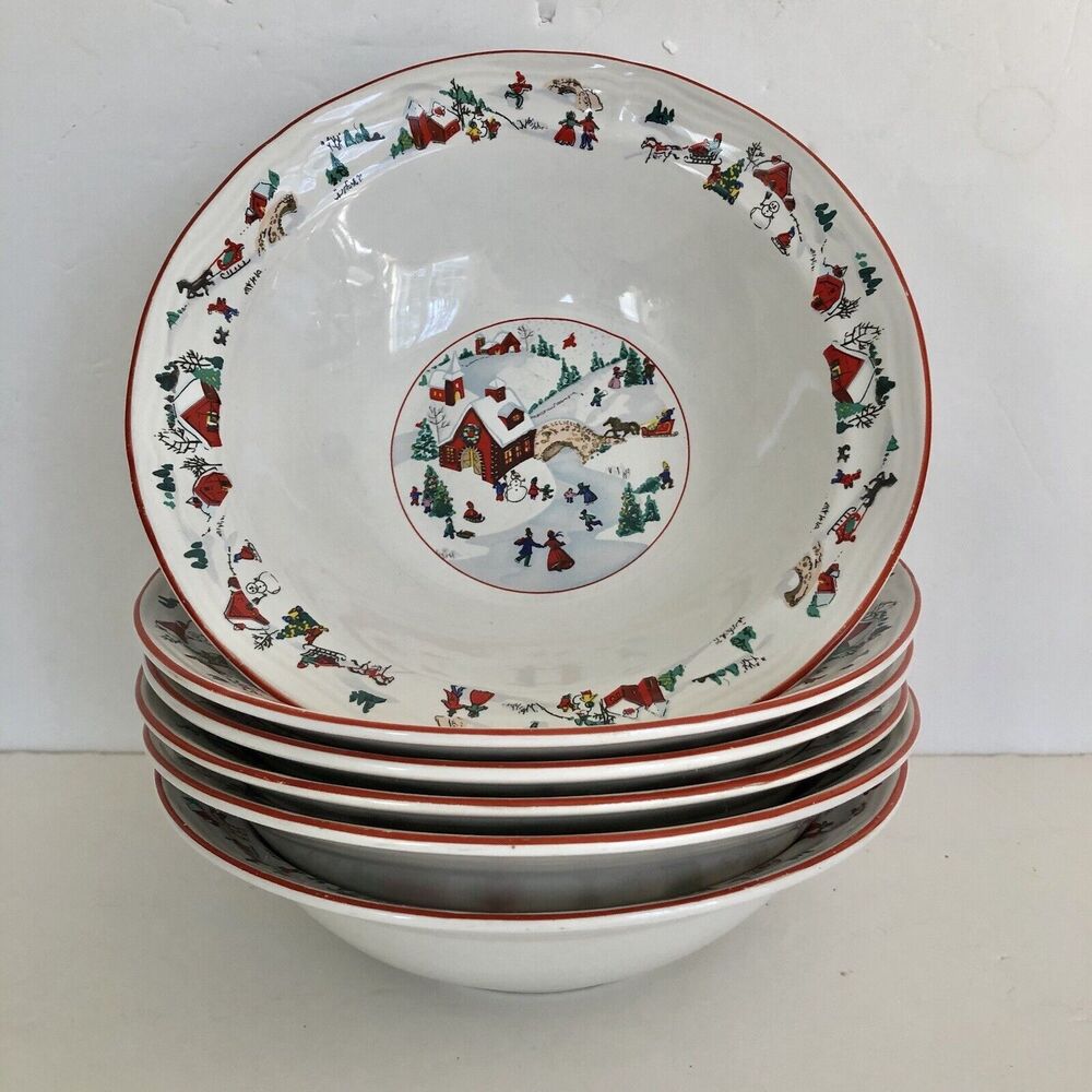 Farberware White Christmas 95 Bowl Ceral Soup Salad 7" Set of 6 pc. Katherine B